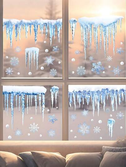 58片/4张冬季雪花窗贴 - 静电吸附玻璃贴纸，冰柱雪花图案，适用于圣诞节冬季装饰、圣诞窗饰、节日办公室装饰、冬季仙境派对用品、圣诞家居装饰、圣诞装饰