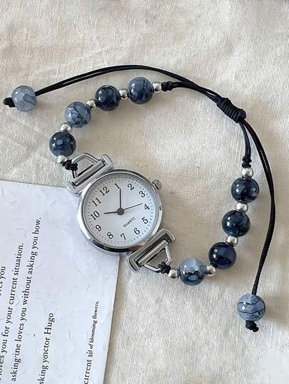 1 Stück Damen Perlen Gewebte Kette Quarz Uhr, elegante & süße Perlen Uhr, Party Accessoire