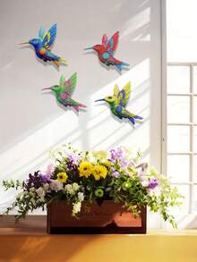 4 piezas de arte de pared de metal de colibrí vibrante - reutilizable, esculturas coloridas para decoración interior y exterior, perfectas para balcón, jardín y sala de estar, arte de pared de jardín | Arte de pared vibrante | Arte de metal duradero, decoración de colibrí, perfecto para la decoración de la habitación
