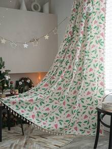 1 Stück Weihnachts-Fenstervorhang mit grünen Blättern, roten Beeren und Quasten, Herbstdekoration, schafft festliche Atmosphäre, geeignet für Wohnzimmer, Küche, Zuhause, Feiertags-Dekoration, Geschäfte, Cafés