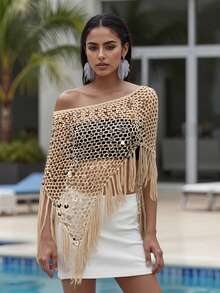 Sequin Crochet Cover Up For Women Hollowed Tassel Off Shoulder Knitted Poncho  Coverup Tops - Màu Khaki - Xem 5