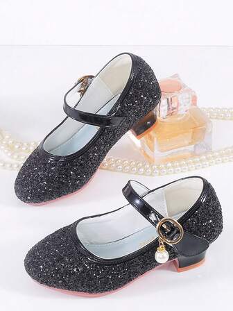 女童黑色亮片皮鞋儿童高跟鞋小公主花童鞋儿童舞台表演演出鞋礼服学生水晶鞋