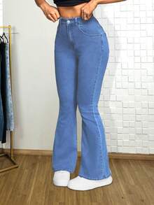 Women's Casual Flare Jeans With Pockets, Buttons And Zipper, High Elasticity, Long Length - 淺藍色 - 查看 1
