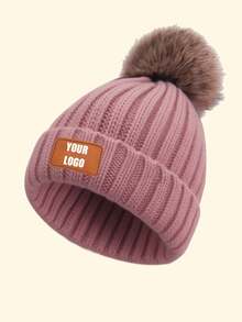 Personalized Kids Knitted Beanie Hat With Single Pom Pom, Multi-Color Options, Leather Label For Engraving, Suitable For Older Children, Winter Outings, Family Gatherings, Etc.