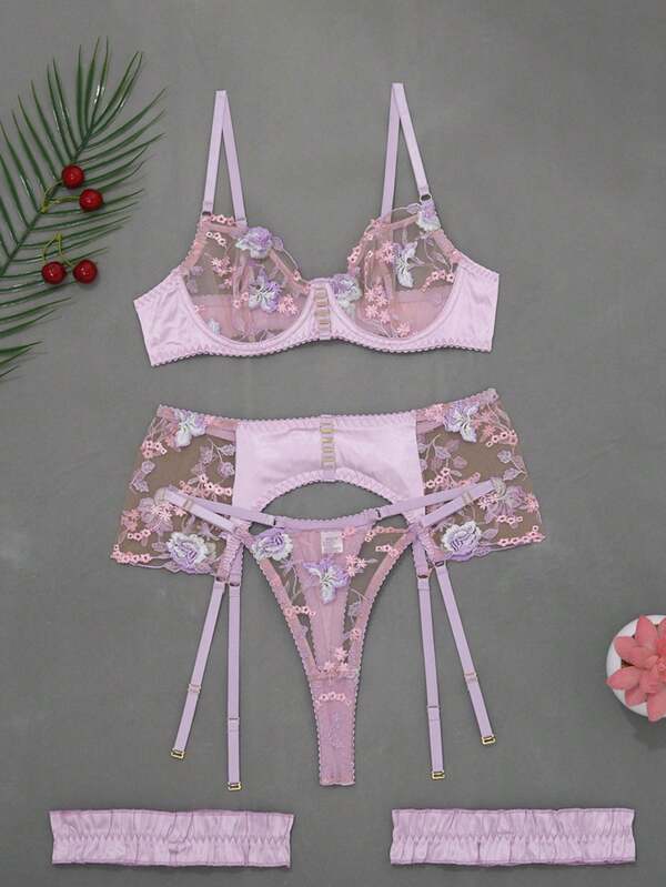Conjunto de lencería sexy para mujer con sujetador con soporte de acero, faja portaligas y bordado de flores, set de 3 piezas