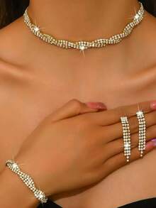 3 Peças Conjunto de Colar, Pulseira e Brincos com Borla, Conjunto de Joias Trançadas em Cruzamento para Mulheres, Acessórios Nupciais para Casamento e Festa - Multicolorido - Visão 2