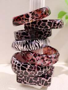 1 pieza Brazalete grueso a rayas blanco y negro de estilo punk exagerado, brazalete a juego con estampado de leopardo de moda hip hop, joyería para mujer, adecuado para fiestas y vacaciones - multicolor - Ver 3
