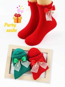 2 Pairs Christmas Color Mid-Calf Socks, Suitable For Party Decorations, New Year Party Gifts, Small Giveaways, Bow Decorated Mid-Calf Socks, Family Holiday Christmas Party Decorations, Thickened Christmas Dot Bow Socks For Infants And Toddlers
