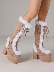 Fall Boots For Women Knee High Boots Side Zipper Warm Fur Platform Chunky Heel Platform Heel Punk&Y2K Style Christmas Shoes Snow Boots Winter Outfit For Women - 杏色 - 查看 3