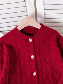 Girls' Casual Solid Color Button-Up Cardigan Sweater, Autumn/Winter - Red - View 3