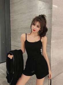 Women's 3-Piece Set - Sweet And Feminine Sports Suit: Simple And Sophisticated Korean Literary Style Sportswear, Including Jacket, Shorts, And Coat, Comfortable Loungewear For Spring, Summer, And Autumn; Everyday Loungewear, Outdoor Wear, Party Wear, School Festival Wear, And Event Wear. Includes A Coat With Pockets. - 黑色 - 查看 1