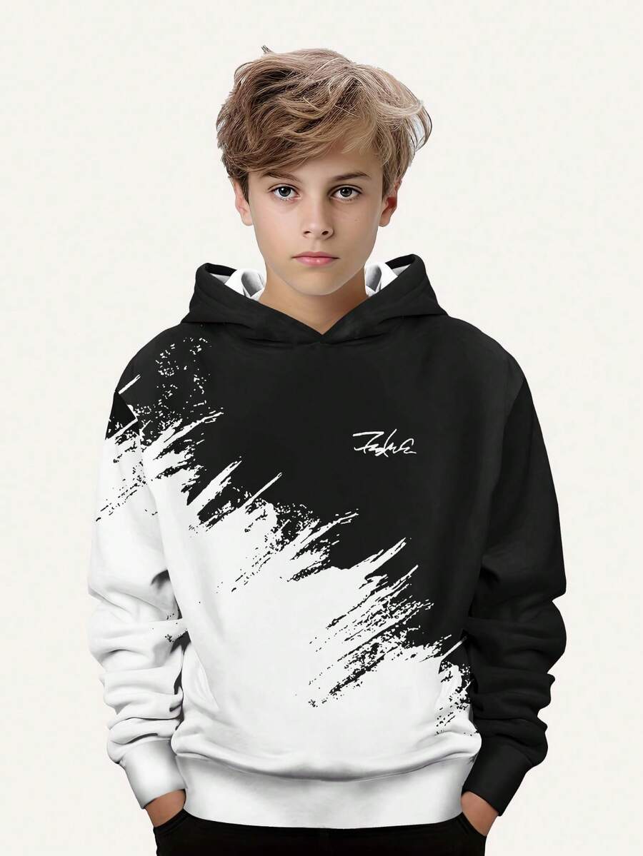 Tween Boy Fashionable Graphic Print Casual Sweatshirt - Long Sleeve, Crew Neck Pullover, Suitable For Spring & Autumn, Cool Print - Black - View 1