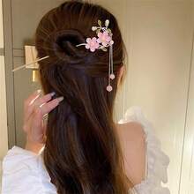 1pc/2pcs Pink Flower Tassel Hair Clip, Elegant Chinese Style Hair Accessory, 2025 New Design, High-End Hair Ornament, Bun Extension, Hair Styling Pins