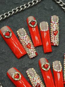 CrystalHola Unhas de Natal: 10 unhas postiças artesanais, unhas postiças postiças postiças, conjunto de nail art extralongo em formato de balé, strass tridimensionais vermelhos franceses, cobertura total, indispensável para festas e reuniões, a primeira escolha para meninas e mulheres, unhas de Halloween