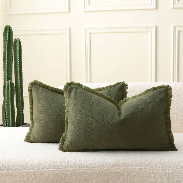 1pc Olive Green Herringbone Style Tassel Trim Cushion Cover, Soft & Comfortable Sofa Throw Pillow, Seasonal Home Decor Pillow, Modern Farmhouse Style Dining Chair Pillow