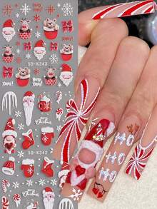 Cartoon Santa Claus Christmas Nail Stickers 5D Cute Elk Penguin Deer Winter Snowflake Snowman Bear Red White Striped Hats Gloves Christmas Design DIY Nail Decorations