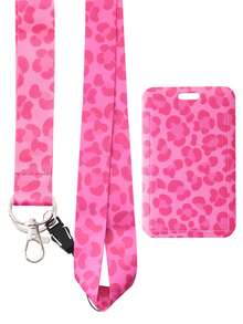 1pc Pink Leopard Teacher Neck Lanyard With ID Card Holder Phone Rope Key Ring Cute Pink Polyester Strap For Keys Great Gifts For Women Teachers Students Staff Money Wallet Mini Wallet Purse Wallet Wristlet Wallet Card Wallet