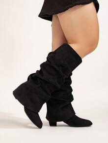 Women's Fashion Wide Width Faux Suede Tall Boots, Holiday Vacation Atmosphere, Fold-Down Shaft, Chunky Heel Knee-High Boots With Shark Buckle Decor, Sexy Outdoor High Heel Tall Boots, Wide Width Black Boots, High Heels - Black Cloth Folds - View 7