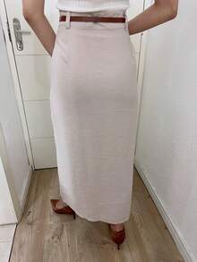 Midi Skirt With High Waist Slit Belt - 米色 - 查看 7