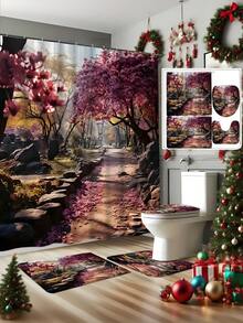 1 pièce Rideau de douche à motif paysage floral rose, rideau de douche imperméable avec crochets, séparateur de salle de bain, accessoire de décoration de salle de bain, décoration de Noël