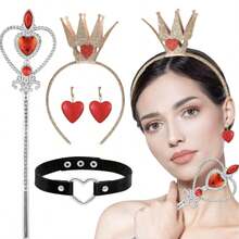 Halloween Queen Costume Accessories Set Includes A Gold Crown, Red Heart Collar, Gem Scepter, Heart-Shaped Earrings, Suitable For Women's Queen Costume Party Accessories