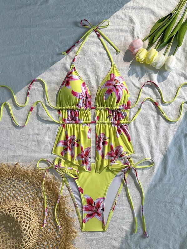 Casual Yellow Floral Print Halter Bikini Set With Tie Design, Perfect For Beach Vacations, Pool Parties, And Summer Outings. Women's Swimwear, Swimsuits, Vacation Gear, Swimming Essentials, And Beach Vacation Apparel.