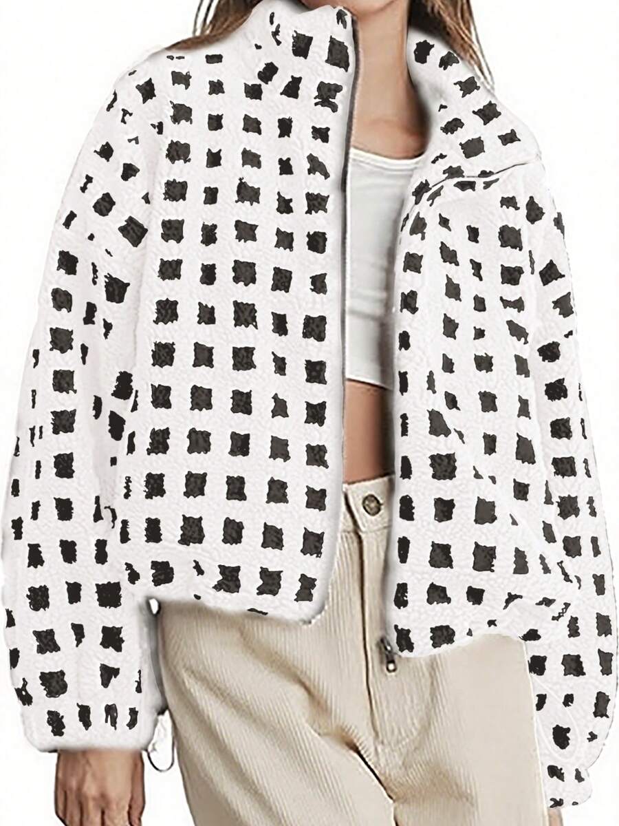 Sherpa Checkered Jacket For Women Plaid Zip Up Fleece Jacket With Pockets Winter Fall Fuzzy Cropped Coats - 白色 - 查看 1