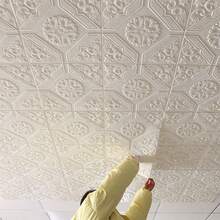 20/50/100pcs 3D Floral Ceiling Tiles - Self-Adhesive Waterproof Wall Stickers, 13.78x13.78 Inches, Anti-Collision Decor For Bathroom & Bedroom, Elegant White Design With Golden Chandelier Hole, Decorative Ceiling Stickers | Elegant Wall Stickers | Selfadhesive Tiles, Bathroom Wall Stickers
