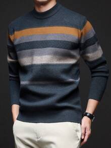 男士厚款 V 领提花毛衣，休闲商务通勤长袖套头衫，适合分层穿着或外套，秋冬 - 青碧色 - 查看 6