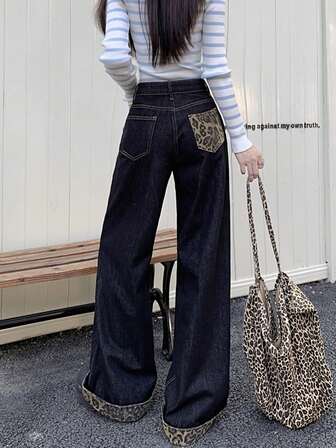 复古黑色豹纹卷边阔腿高腰宽松撞色直筒牛仔裤