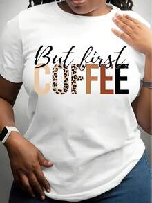 Coffee Print Crew Neck T-Shirt, Casual Short Sleeve Top For Spring & Summer, Women's Clothing