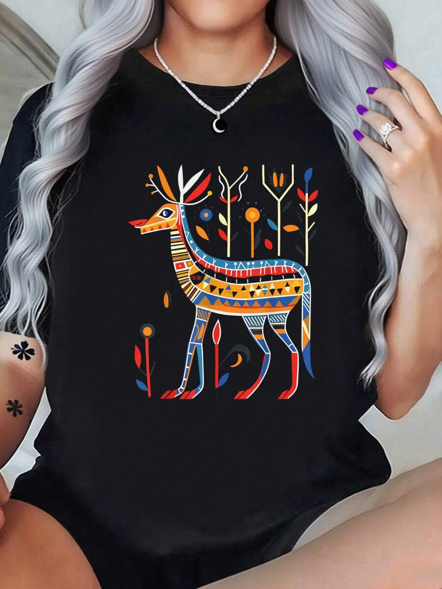 A Deer In Native North American Plains Art Style-Shirt% Cotton Black Art Crew Neck Unisex-Shirt Women And Men - 黑色 - 查看 1
