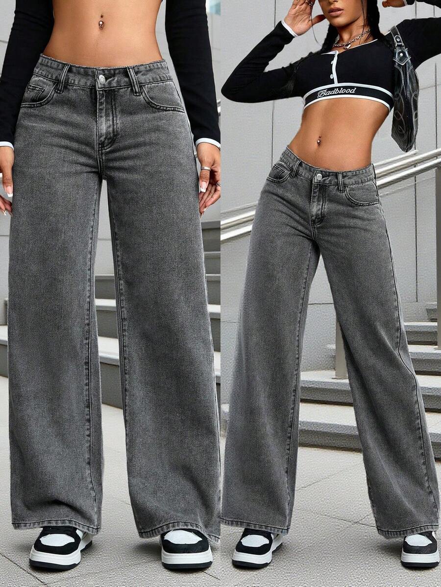 Jeans rectos de talle medio clásicos para mujer - Básico versátil para el otoño