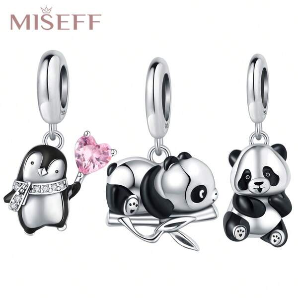 MISEFF 1 pezzo Ciondolo in argento sterling 925 genuino, fine, carino, con panda e piccolo pinguino, per braccialetto, collana, accessori fai-da-te, gioielleria fine, regalo di compleanno per donna