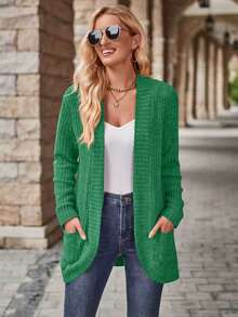 Plus Size Women Long Sleeve Solid Color Knitted Cardigan - Green - View 3