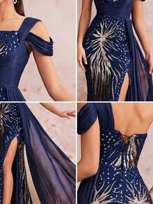 Elisanya BluePlum 单肩褶饰抹胸舞会礼服女式性感刺绣亮片飘逸高开叉鱼尾晚礼服优雅绷带性感正式礼服奢华无袖派对 - 寶藍色 - 查看 8