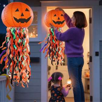 35 Inch Halloween Pumpkin Shaped Paper Lantern With Colorful Transparent Film, Wavy Ribbon, Jack-O'-Lantern Design And Horror Elements For Home Decor, Halloween Decor, Fall Decor, Room Decor, Autumn Decor,Party Supplies,Office Decor, Room Decor,Home Decor,Bedroom Decor,Wall Decor,Living Room Decor,House Decor,Kitchen Decor,Room Decor Aesthetic Christmas Decorations Home Christmas Gifts Christmas Decor