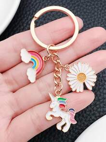 1 pieza Llavero de aleación con unicornio de arcoíris de dibujos animados con efecto de goteo de aceite, lindo colgante de arcoíris para bolsos de niñas