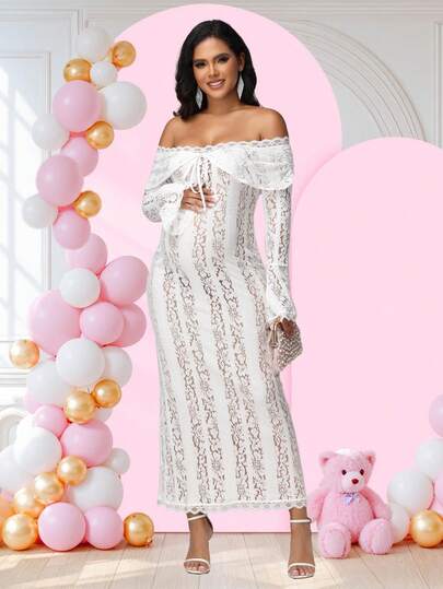 JustVH Elegant Lace Off-Shoulder Flare Sleeve Maternity Dress, Fitted Maternity Evening Gown, Suitable For Baby Shower, Photo Shoot, Party And Other Occasions White Spring