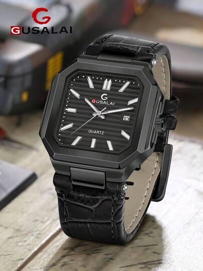 GUSALAI 1pc GUSALA Men's Minimalist Stylish Niche Square Case Casual Business High-End Leather Strap Watch, Suitable For Daily Life And Holiday Gifts