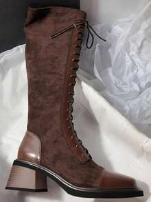 2025 年秋冬新款系带过膝长靴，方头粗跟，修身侧拉链拼接长靴 - 棕色 - 查看 4