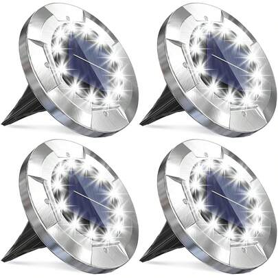 Stainless Steel Solar Ground Lights - 12 LEDs Warm Light, Easy Installation, Waterproof Suitable For 11 Holidays, Pathway/Patio/Lawn/Sidewalk | Modern Garden Decor Light, Outdoor Solar Landscape Lighting