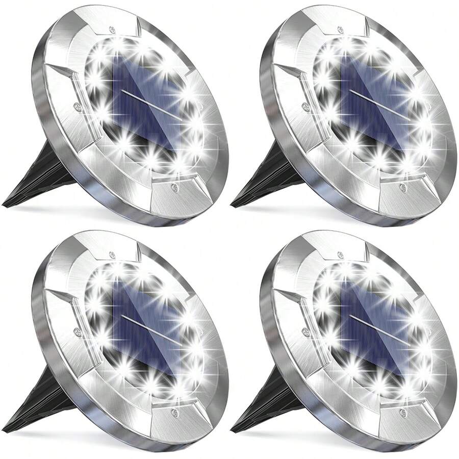 Stainless Steel Solar Ground Lights - 12 LEDs Warm Light, Easy Installation, Waterproof Suitable For 11 Holidays, Pathway/Patio/Lawn/Sidewalk | Modern Garden Decor Light, Outdoor Solar Landscape Lighting - Black - View 1