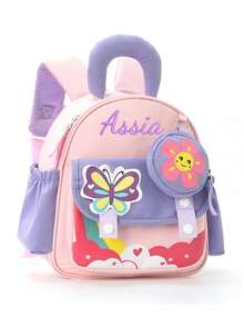 Custom Embroidered Cartoon Pattern Backpack, Rocket Butterfly Design Mini Lightweight Contrast Color Backpack With Detachable Coin Purse, Casual Daybag, For Daily, Travel, Outdoor