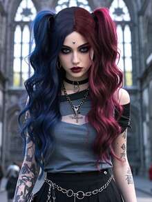 Cosplay Wig Red Blue Water Ripple Long Curly Wig 26 Inch Middle Parted Style Greta Halloween Christmas Wig Costume Wig Street Punk Wig Y2K Rock Wig Fluffy Natural Women's Synthetic Heat Resistant Fiber Wig Suitable For Daily Party Wig Music Festival Wig Avant-Garde College Style Wig Modern Fashion Gothic Wig