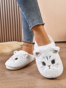 女士秋冬防滑毛绒拖鞋，可爱卡通猫咪图案，保暖厚底室内拖鞋，米色，毛茸茸的鞋子 - 米色 - 查看 7