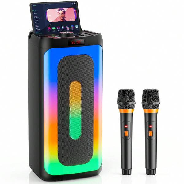 JYX Máquina de karaoke JYX con 2 micrófonos, altavoz de karaoke Bluetooth portátil grande con luz Diaco, sistema de karaoke para fiestas en casa, sistema de PA, caja de fiesta compatible con tarjeta TF/USB/entrada auxiliar