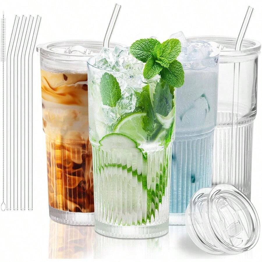 Glass Cups With Lids And Glass Straws High Borosilicate 20OZ Tumblers 2Pcs For Coffee Tea Juice Smoothies Hot/Cold Drinks At Home Office - 4 件玻璃-550 - 查看 1