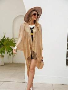 Spring/Summer/Autumn Mesh Beach Sheer Coverup, See-Through Vacation Sun Protection Cover Up, Fringe Knit Shawl Cover Up, Casual Street Wear Cover Up Top, Light Dress Coverup, Party/Commute Fringe Cover Up, Holiday Beach Swimsuit Cover-Up - Gold - View 8