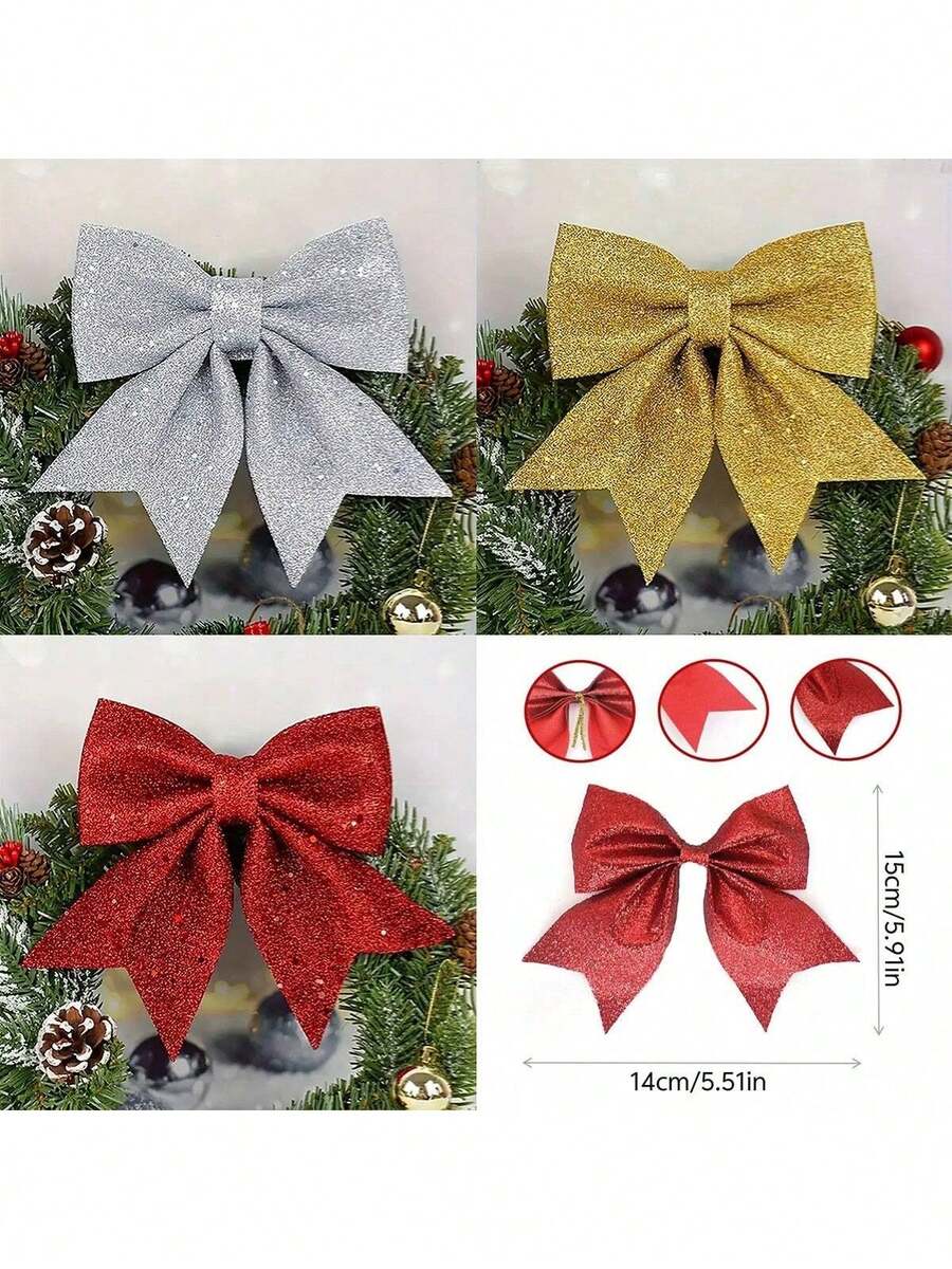 8pcs Large 5.9 Inch Bows - Elegant Red/Gold/Silver, Suitable For Trees, Wreaths, Gifts, Garlands - No Electricity Needed - Perfect For Christmas, Weddings, New Year, Birthdays - Luxury Party Decor, Christmas Wreath Decorations, Holiday Wreath Accessories, Shiny Sequin Effect, High Quality, Home Decor Accents - Multicolor - View 1